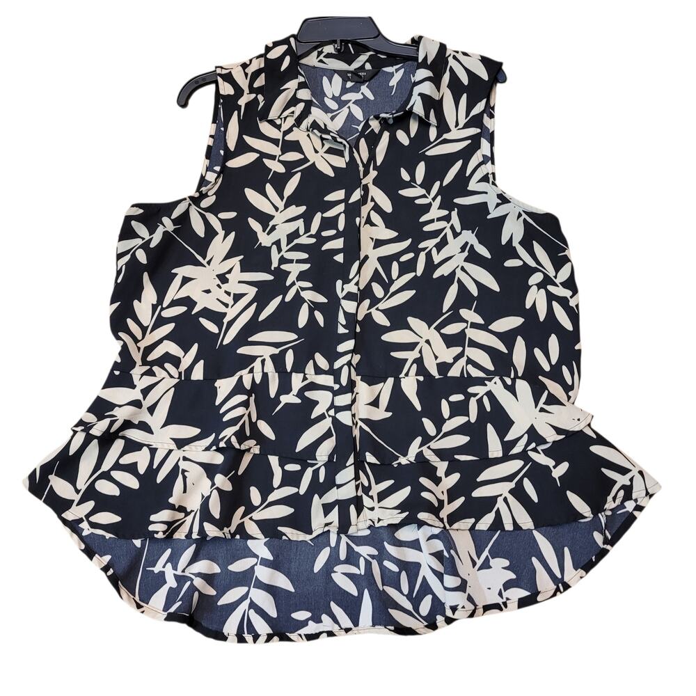 Simply Vera Vera Wang XL Black Cream Leaf Print Sleeveless Ruffle Peplum Blouse